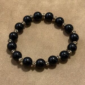 Black Beaded Stretch Bracelet with Gold Accents - Women Jewelry